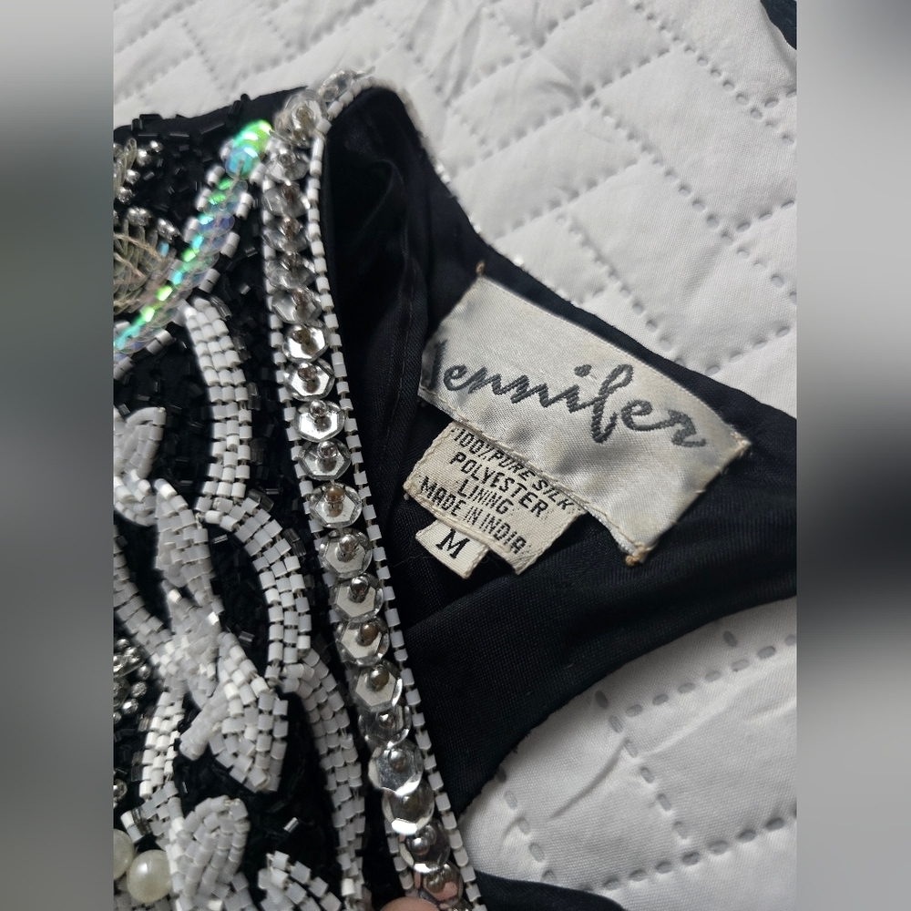 Vingage Elegant Black and Green Sequin Pearl Embellished Dress Silk India - Picture 5 of 10